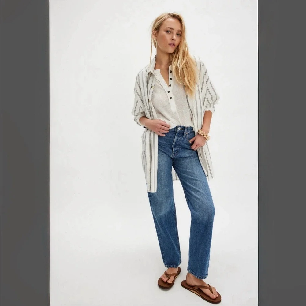 We The Free Cotton Linen Henley Long Sleeve Tee medium ivory white new - Picture 4 of 11